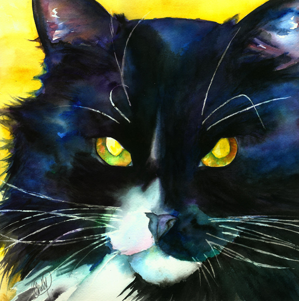 Long Haired Black Cat Watercolor Print