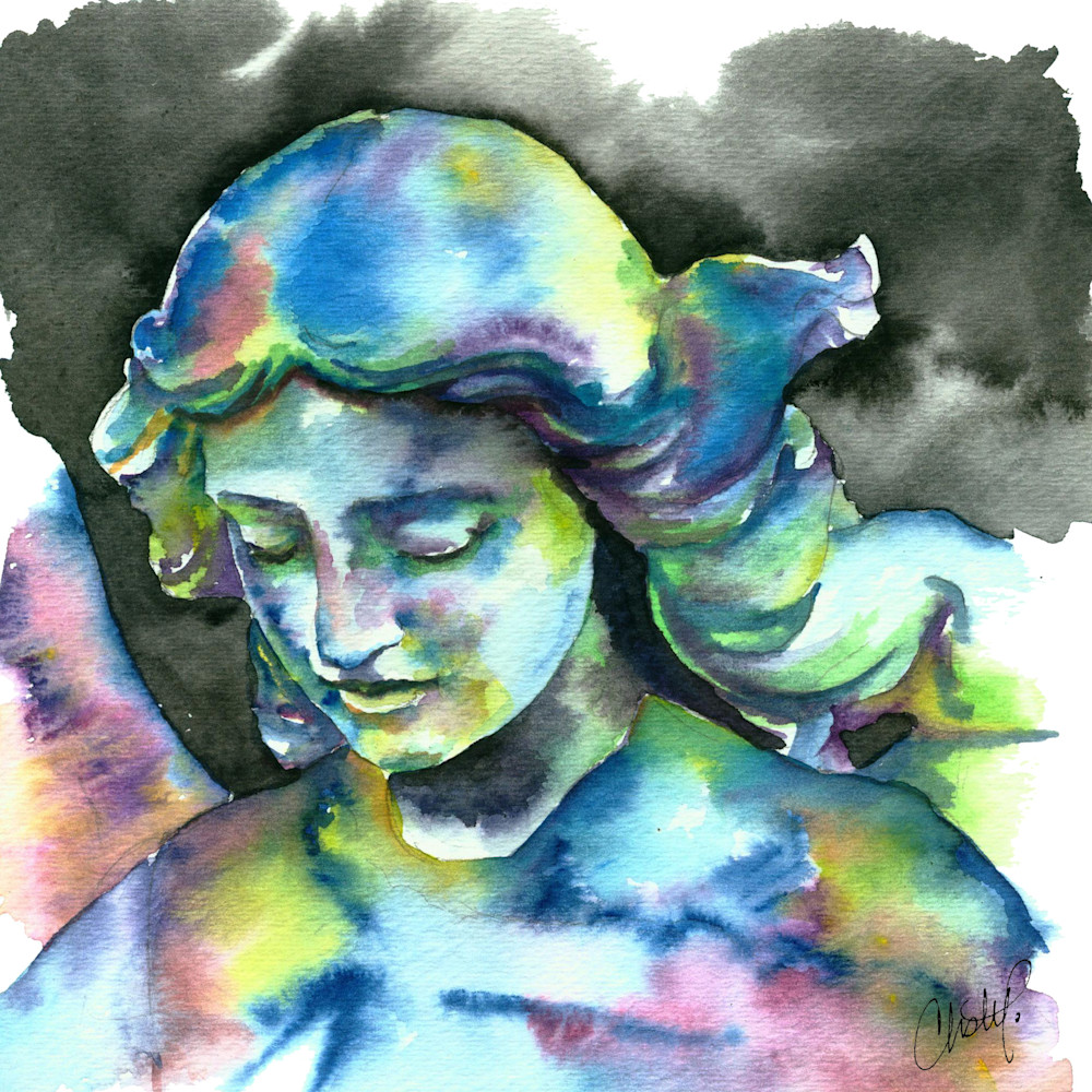 Angel Statue Watercolor Painting in Cool Colors.