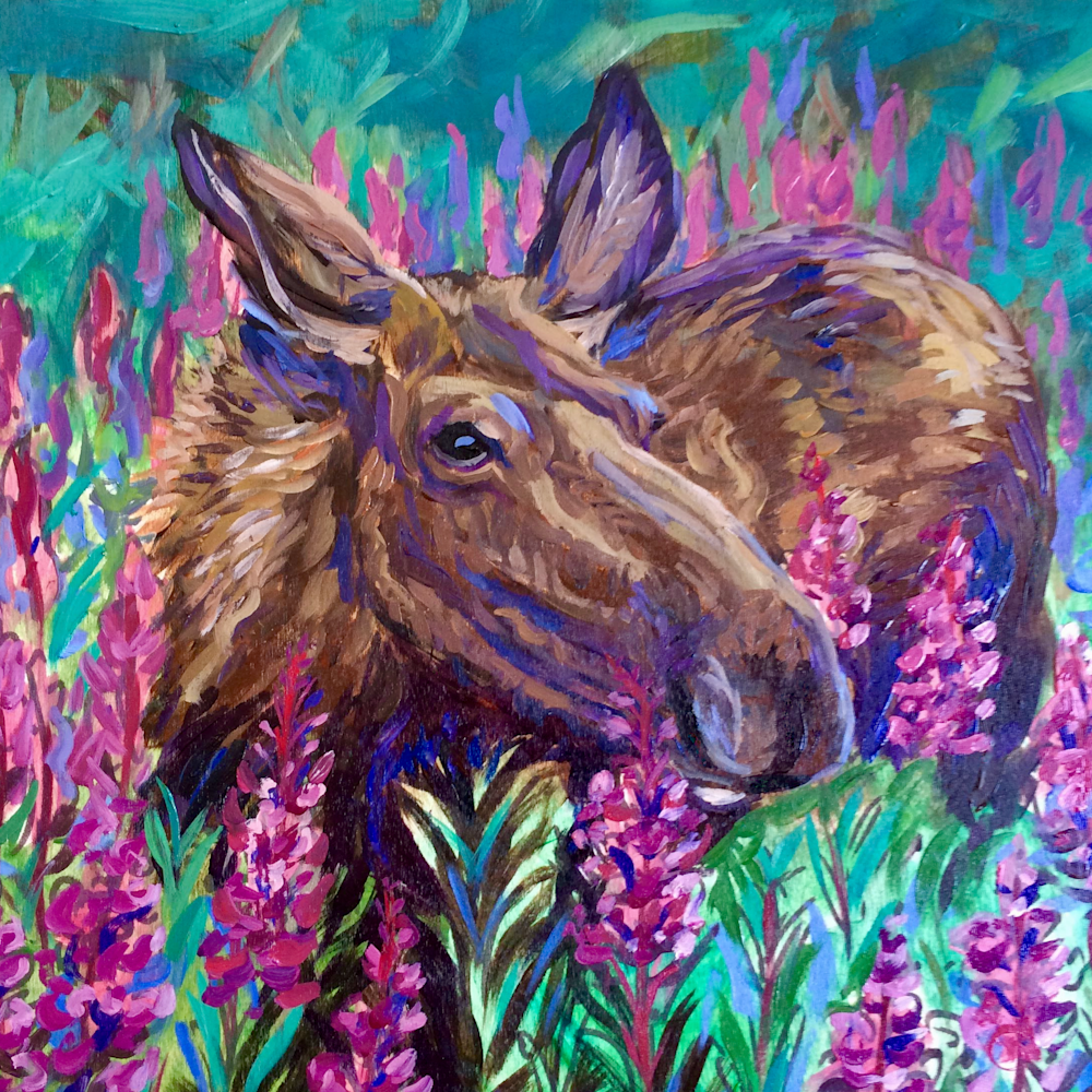 Moose and Fireweed Alaska Wildlife Art Print by Amanda Faith Thompson