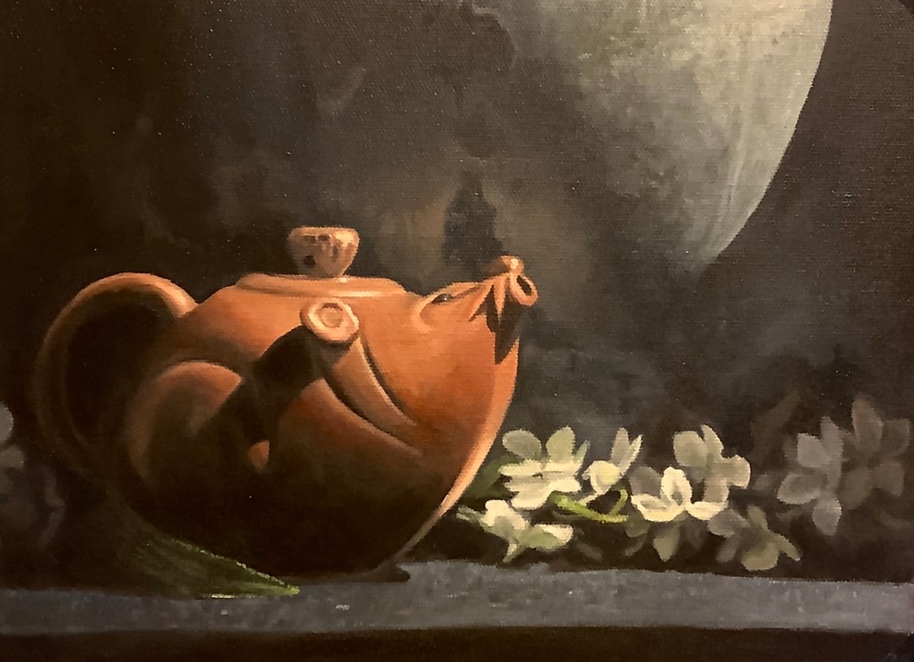 Study Of Mole Pot And White Blossoms Art | Hilary J. England, Contemporary American Artist