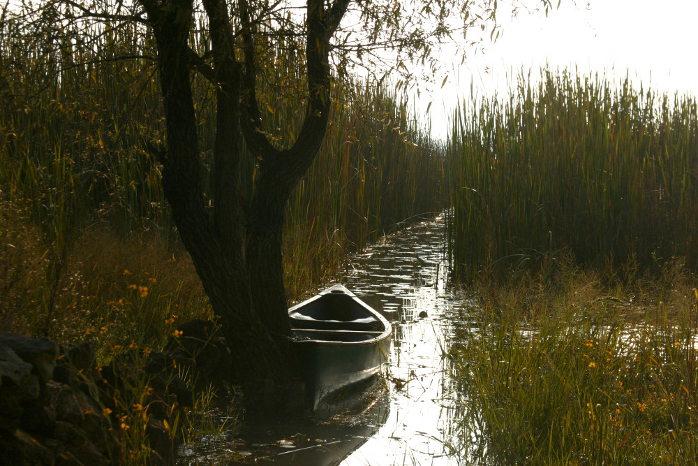 Canoe on Mexican river, Morelia landscape