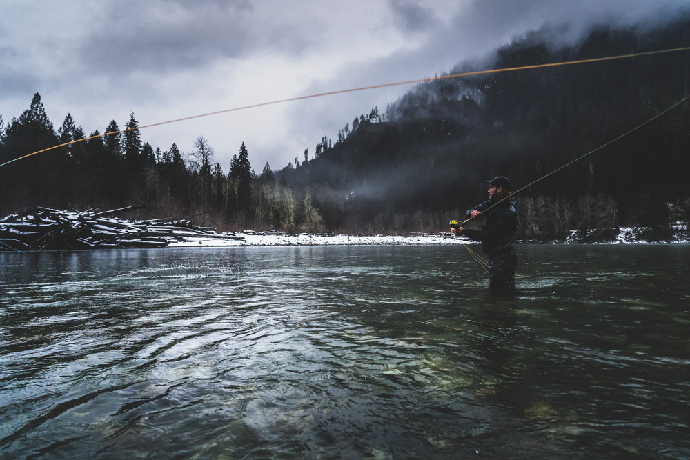 Dale Booher gets ready to send one across the Sauk River, in Washington.