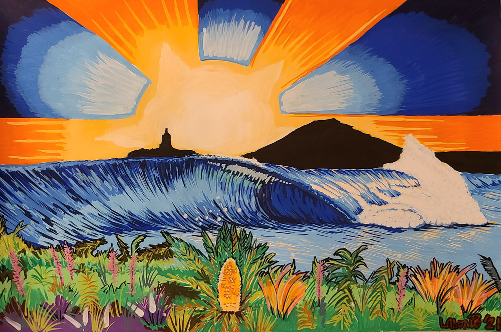 This Is A Surf Art Painting Of A Sun Rise On Byron Bay By Surf Artist John Lasonio In His Unique Paint Pen Style.