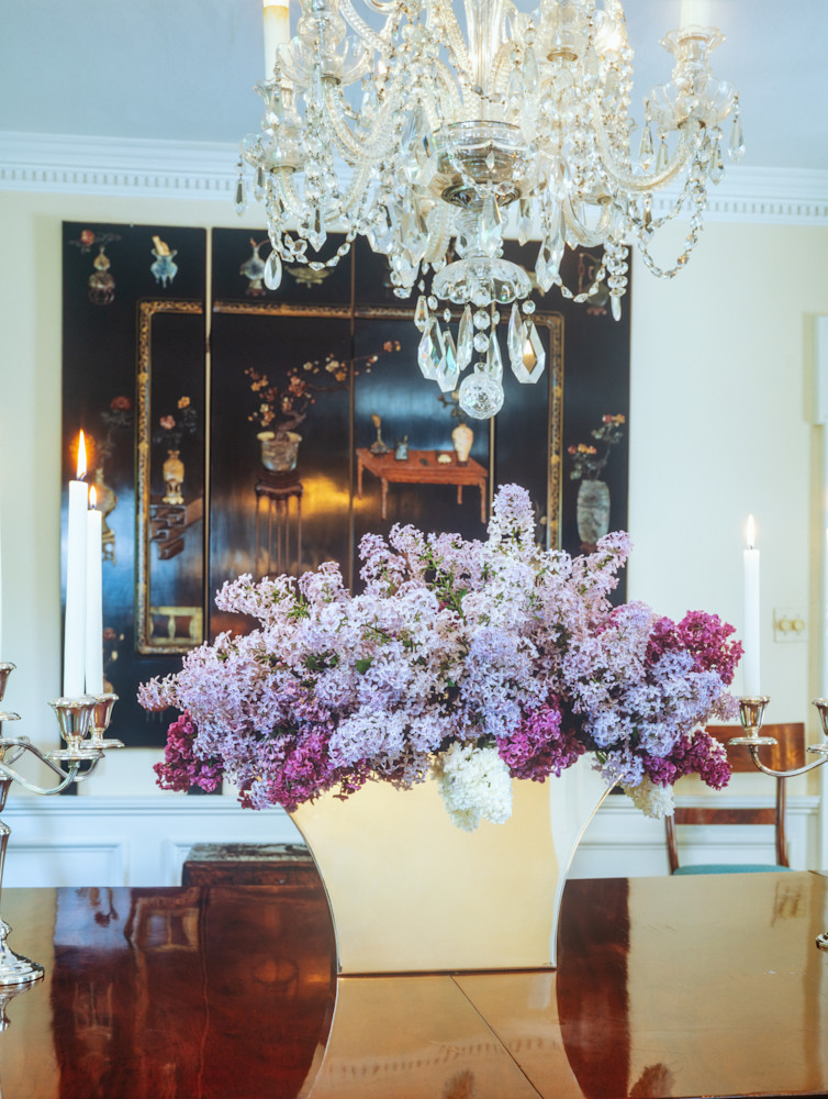  lilacs flower arrangement in Filoli dining room.