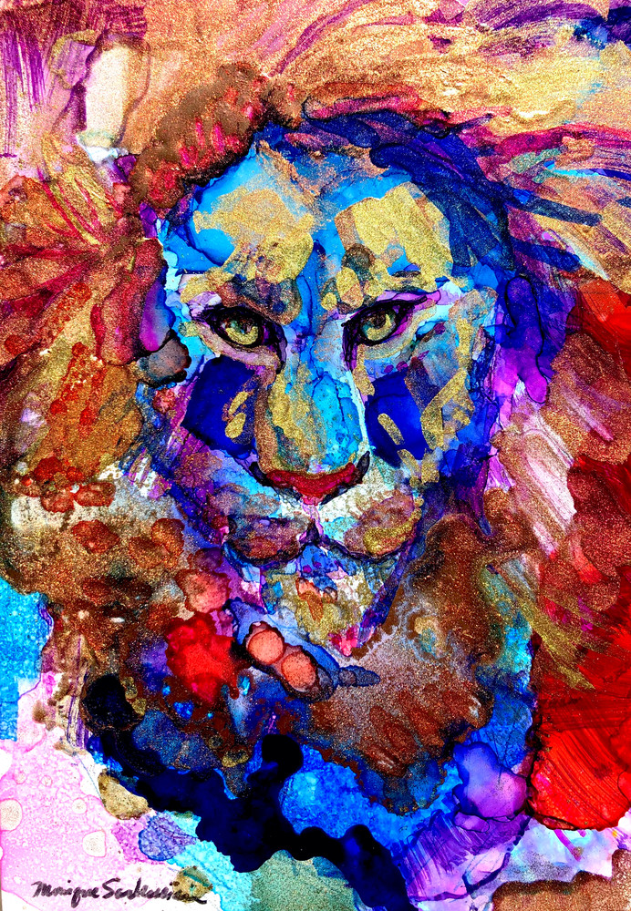 "Ready to Roar 18",  lion painting by Monique Sarkessian alcohol ink on panel, 7x5".