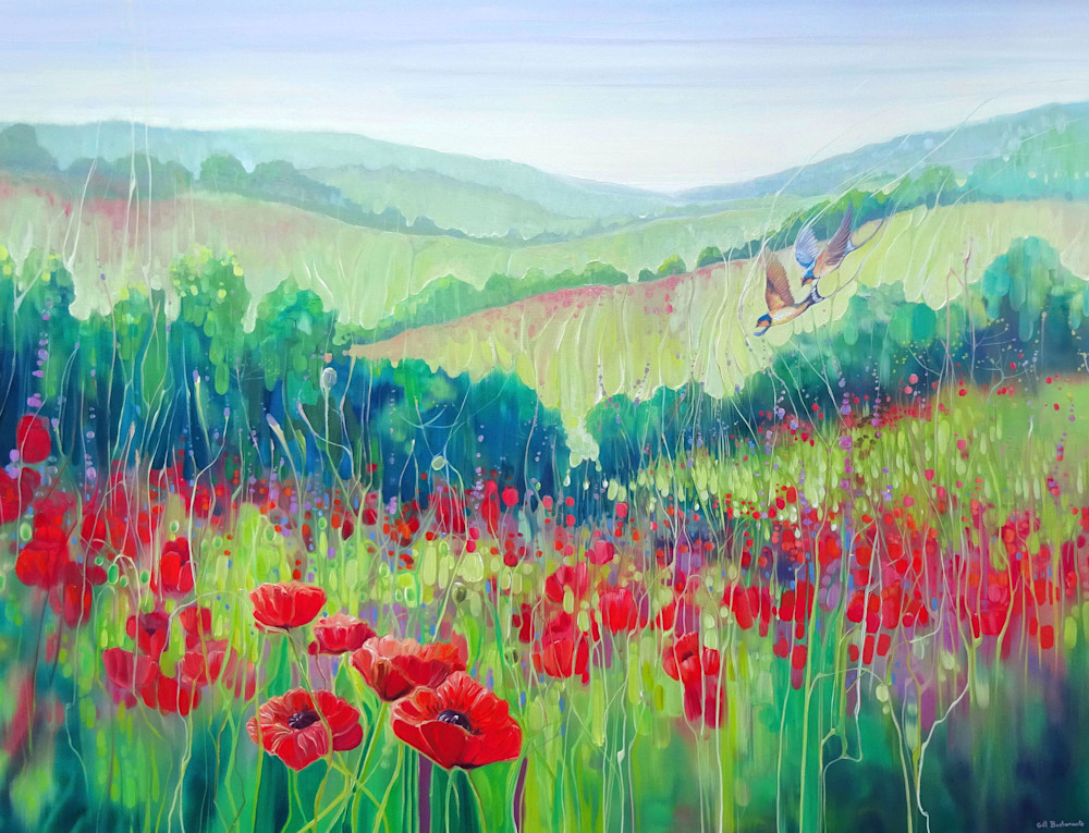 a print of poppies and swallows and green fields of the south downs in sussex in summer