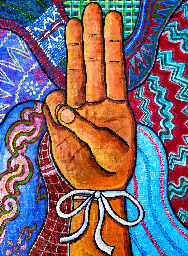 Peaceful Resistance Myanmar. three finger salute support burmese democracy art painting