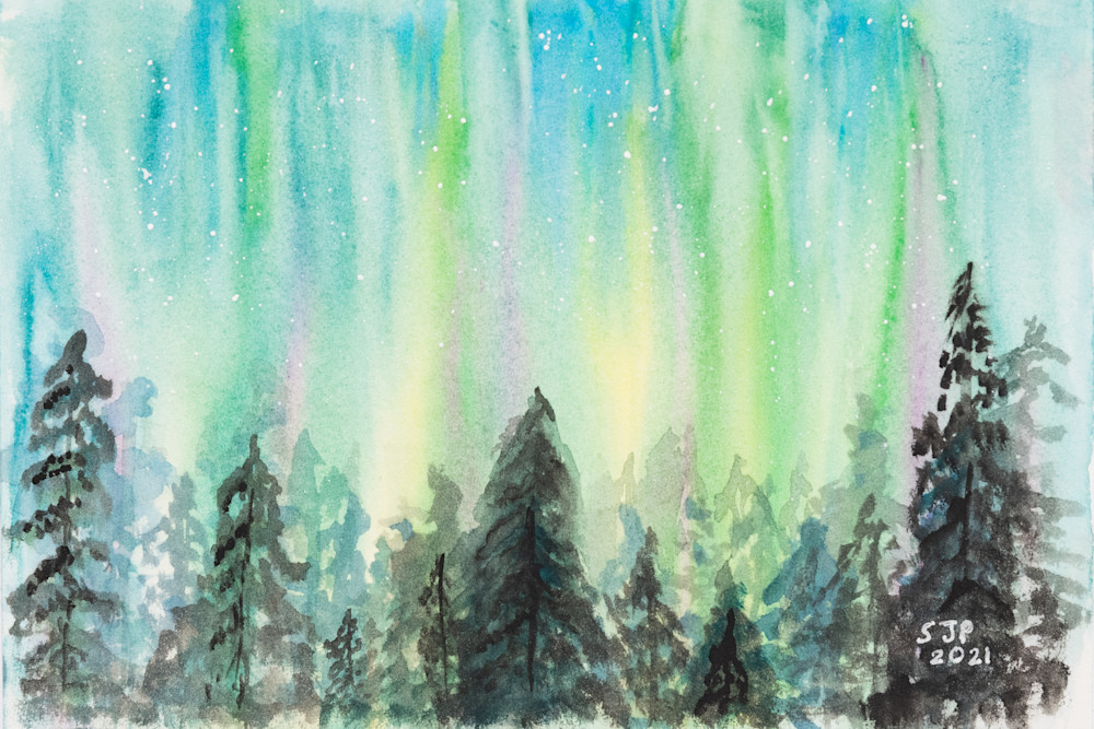 ASquareWatermelon - Art, watercolor Northern Lights Forest