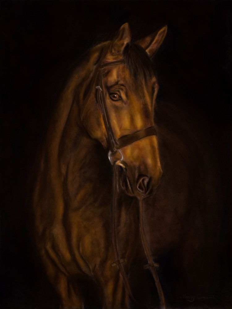 Awaiting Morning's Ride by Nancy Conant is done in a chiaroscuro-painting-style