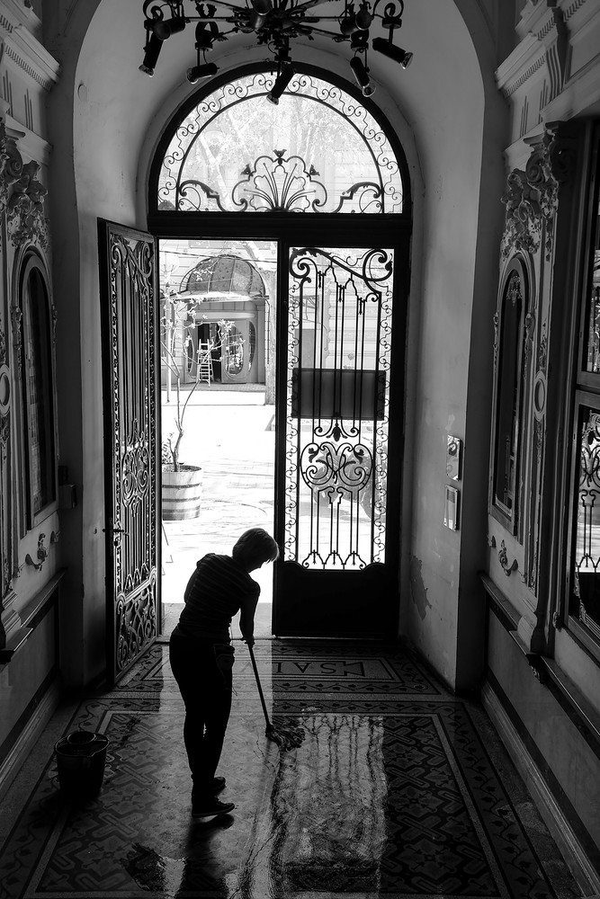 Woman Mopping Foyer, Budapest, Hungary Art | Circle 7 Fine Arts