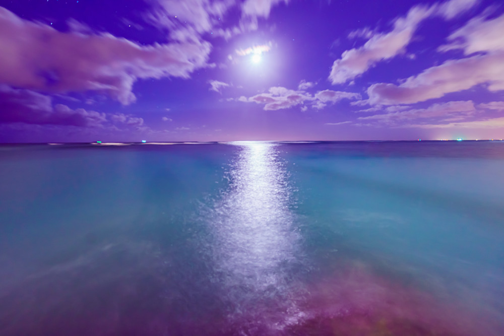 Waikiki Beach at Night With Moon Fine Art Print by McClean Photography