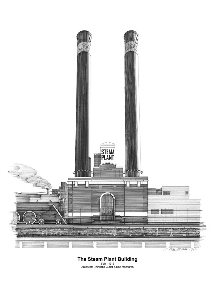 Steam Plant Building With Footer Art | Pen and Ink Art, LLC