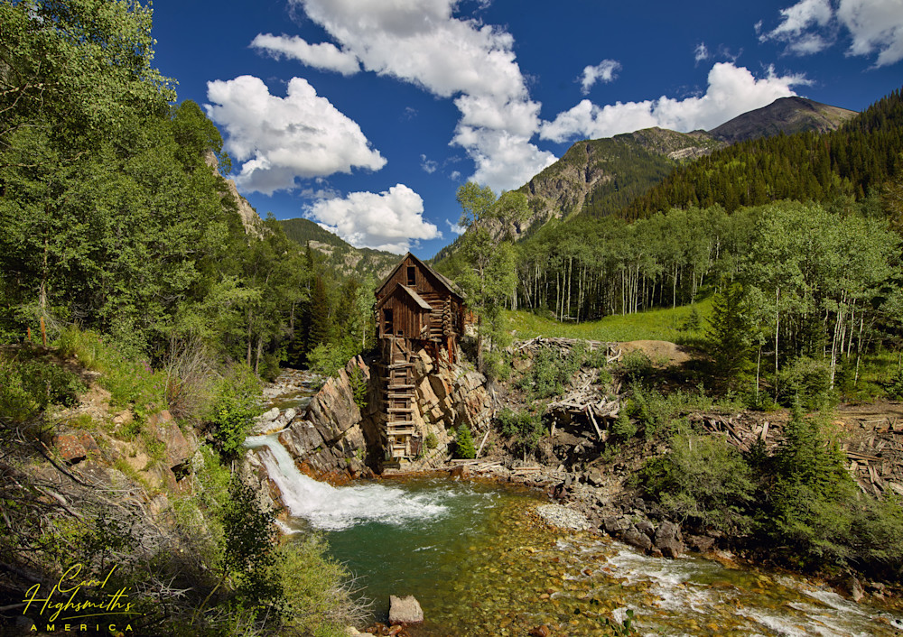 The 1892 powerhouse above the Crystal River in what is now the virtual ghost town (except for a handful of summer-only residents) of Crystal in Gunnison County, Colorado.  Often called the Crystal "mill," the building, atop a high outcropping, it us