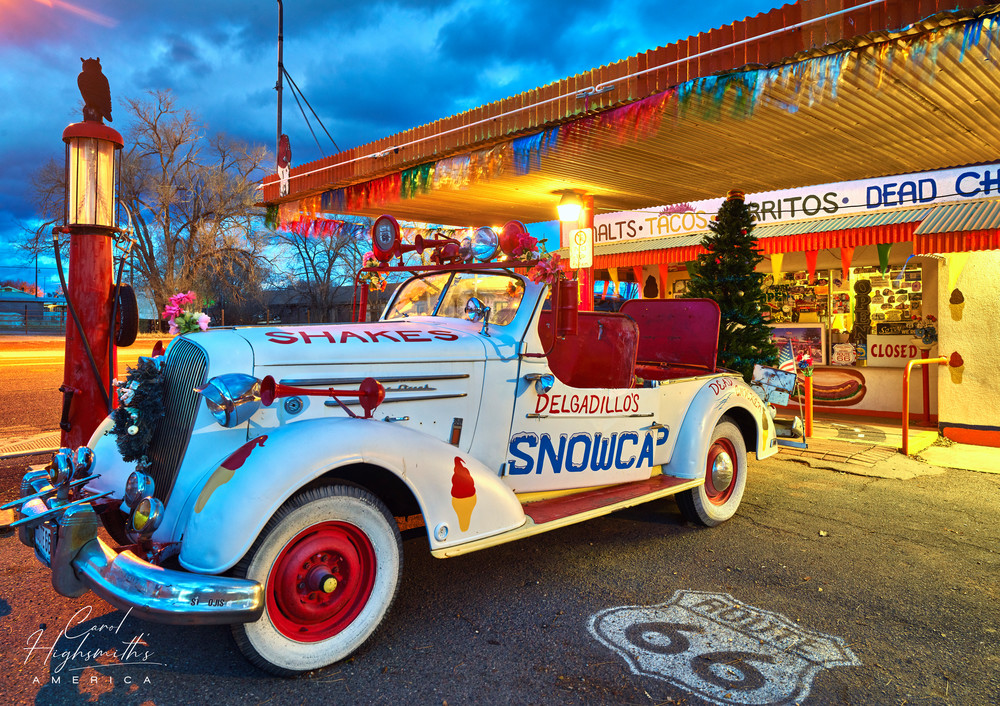 Scene outside Delgadillo's Snow Cap Drive-In restaurant, a historic eatery and roadside attraction in Seligman, Arizona, along old U.S. highway 66. Much of America’s best-known historic highway, which was known as “the Mother Road,” connecting Chica