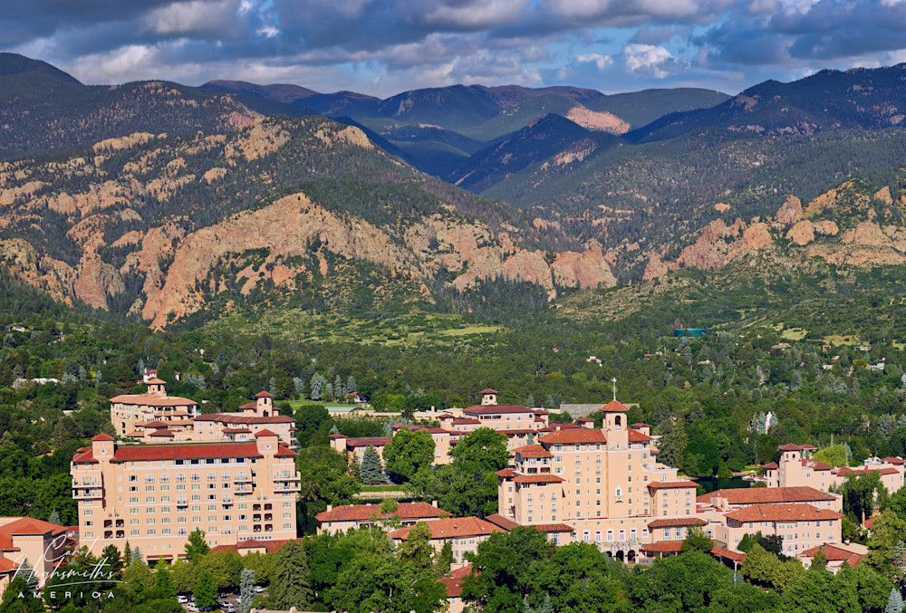 Aerial view of the Broadmoor Hotel, a historic hotel and resort in Colorado Springs, Colorado.  Its Italian Renaissance-style main building was constructed in 1918; others on the sprawling property decades later.