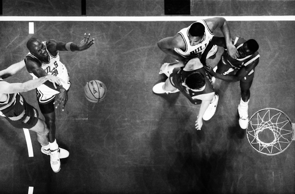 Michael Jordan Takes The Shot While Being Covered By Defenders. Photography Art | Bob & Dawn Davis Photography & Design