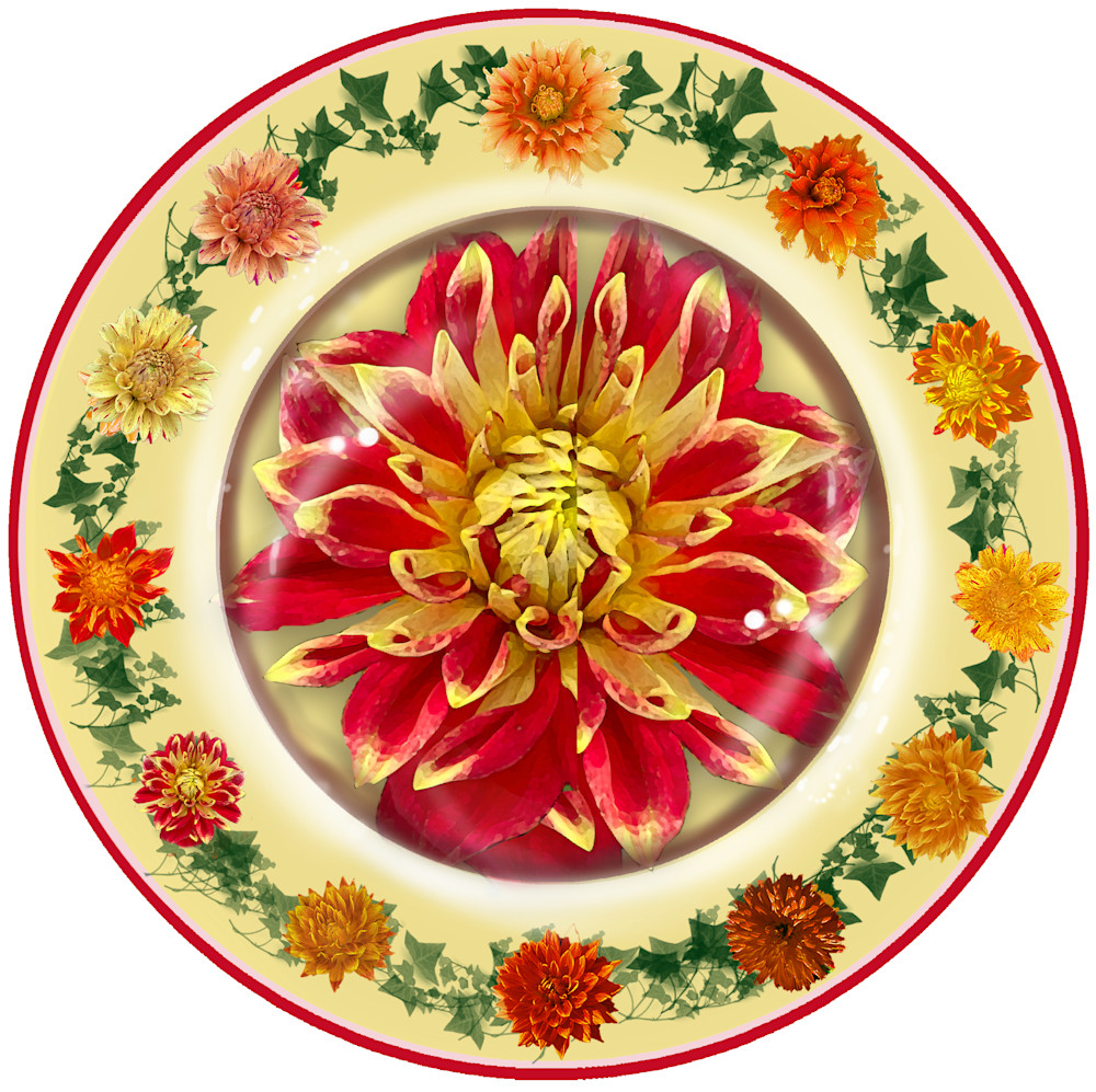 Red With Yellow Dahlia Plate Art | Art from the Soul