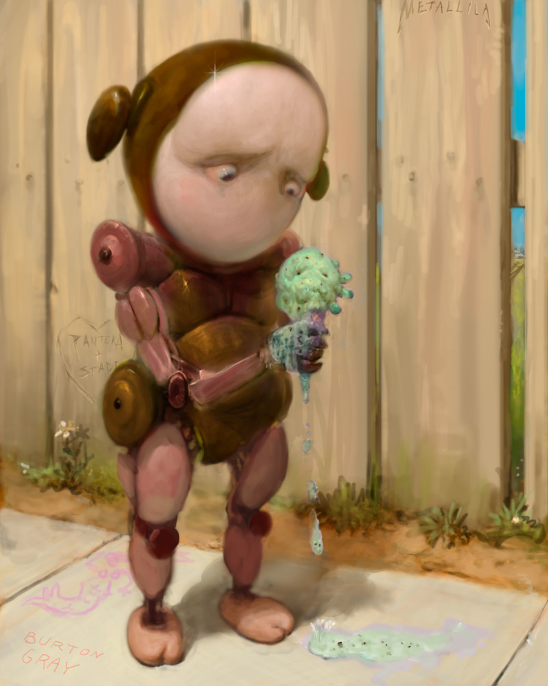 Painting of a baby robot with no mouth watching her ice cream melt