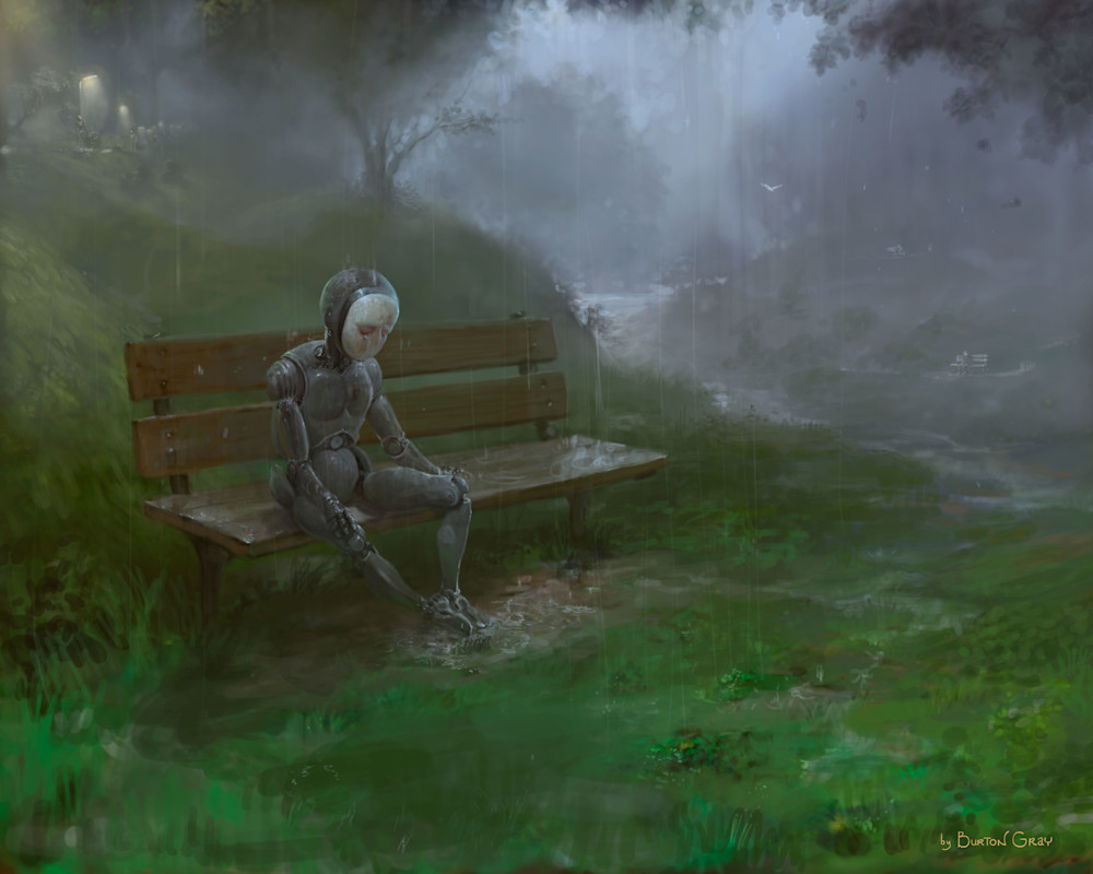 Burton Gray's Painting of a robot sitting in the rain
