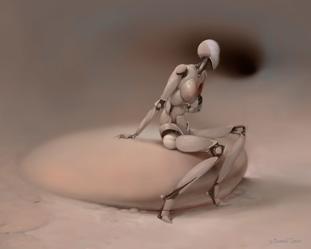 Burton Gray's sad robot with a hole in her chest.
