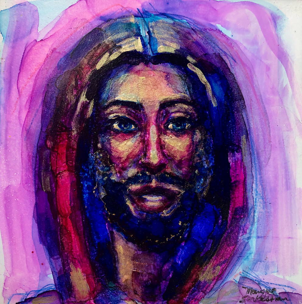 High quality print of "Miracles of the Majestic Ready to Roar 5 Black Jesus by Monique Sarkessian, alcohol ink painting.