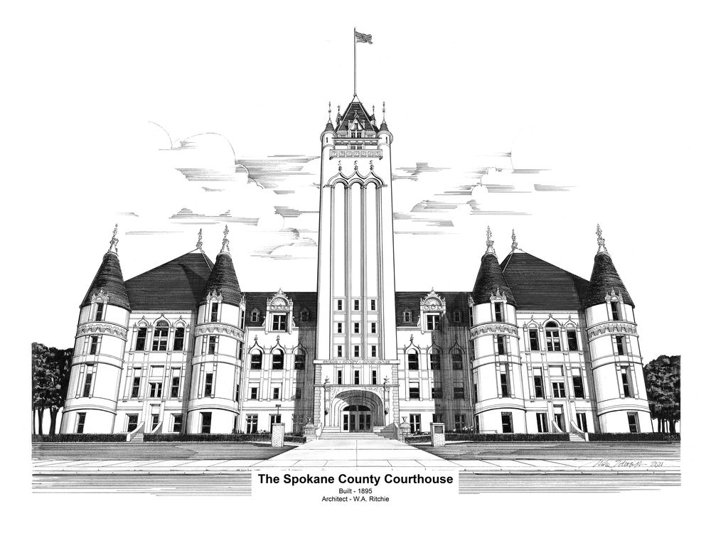 Spokane County Courthouse With Footer Art | Pen and Ink Art, LLC