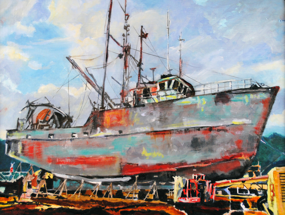 Portland, Maine, shipyard, painting, boat, ship, fishing boat, nautical, 