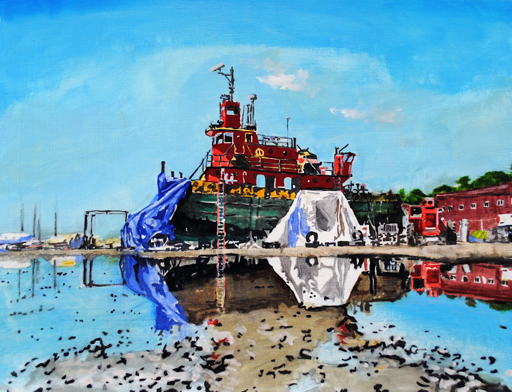 Shipyard, Portland, Maine, red boat, reflection, painting, nautical, fishing boat, lobsterman, Atlantic Ocean, August