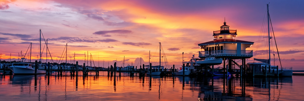 Choptank River Lighthouse Sunset Panorama Photography Art | Ken Smith Gallery