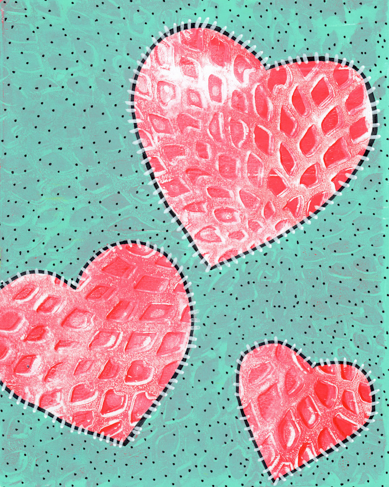 Strawberry Hearts: Mixed media artwork by Jennifer Akkermans