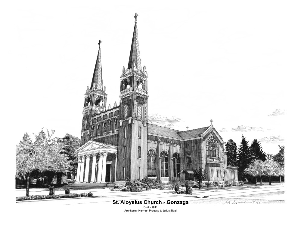 St. Aloysius Church At Gonzaga University With Footer Art | Pen and Ink Art, LLC