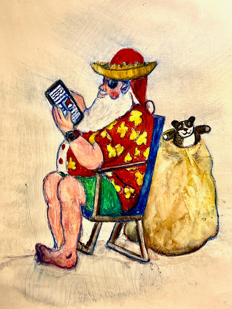 Celebrate some tropical cheer with this happy Santa.by Muffy Clark Gill.  He is currently taking time off as you can see he is at the beach looking at his iPad!