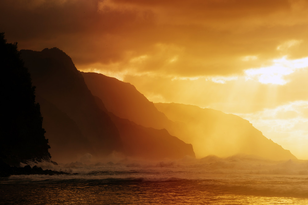 Fine art landscape of a warm sunset in Kauai by ocean photographer Allison Davis