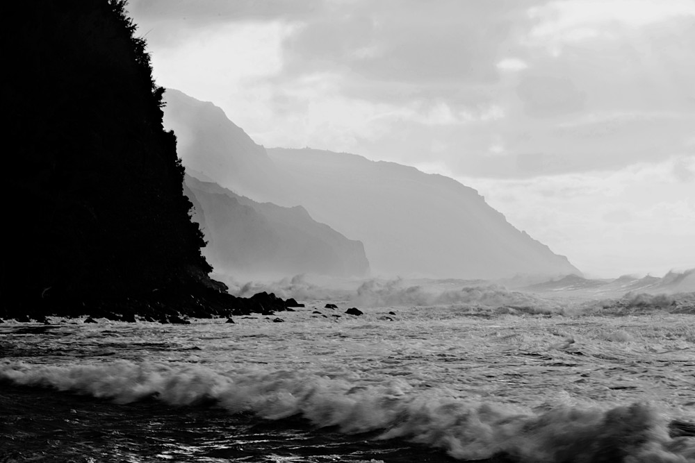 Black and white fine art landscape photograph of the Kauai cliffs by Allison Davis