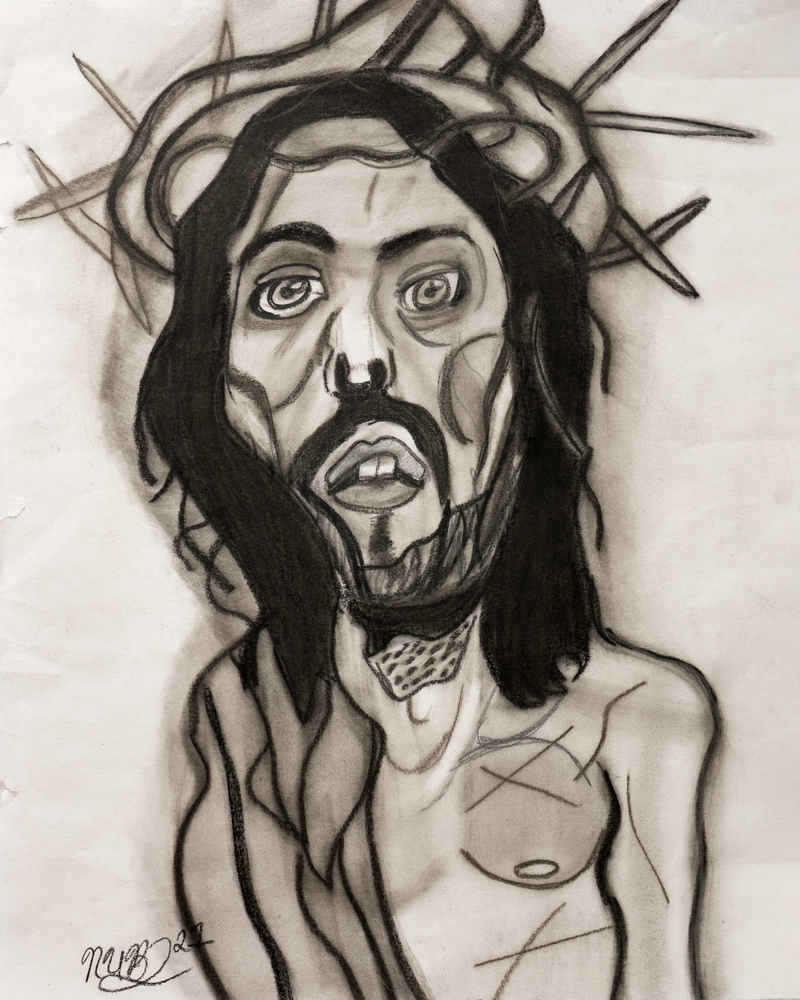 Charcoal and graphite drawing of Jesus by Robbie Stewart aka Nubz. Portrait art. Portrait artist.