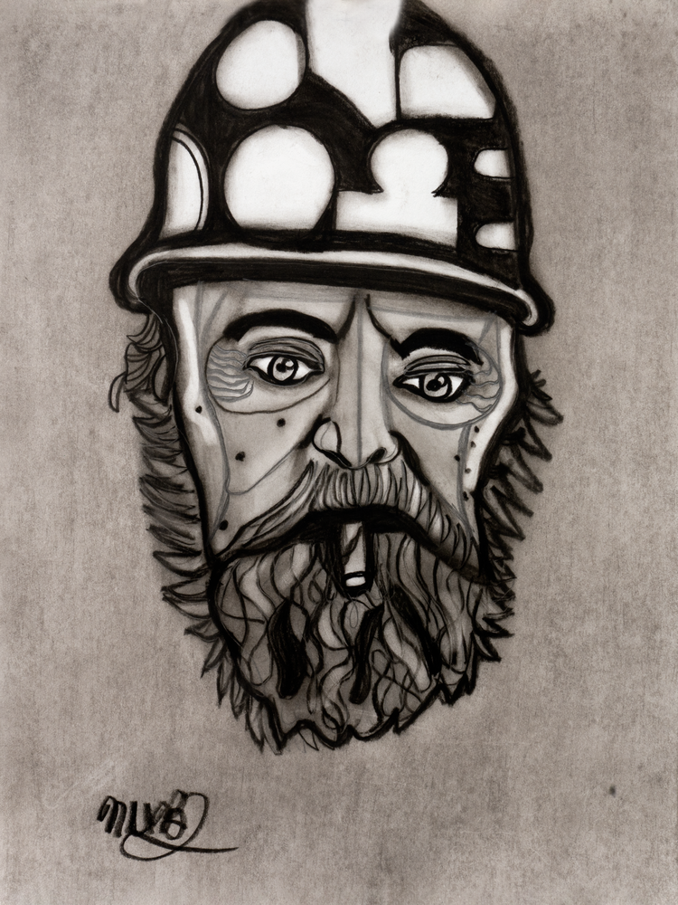 Charcoal Drawing of a Coal Miner. Vintage Coal Miner.