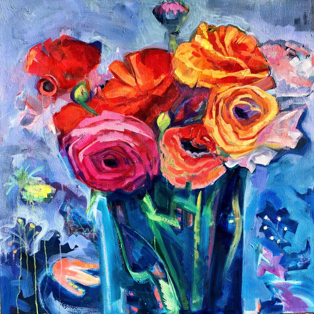 Art Print available of Monique Sarkessian's oil painting, "Large Ranunculus Still Life" with orange, pink and red flowers.