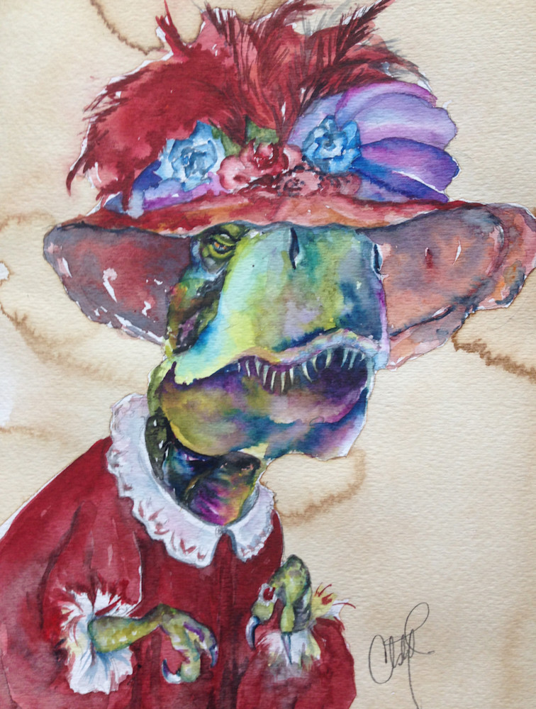 TRex Old Lady Steampunk Fancy Dressed Dinosaur Fine Art by Christy Freeman
