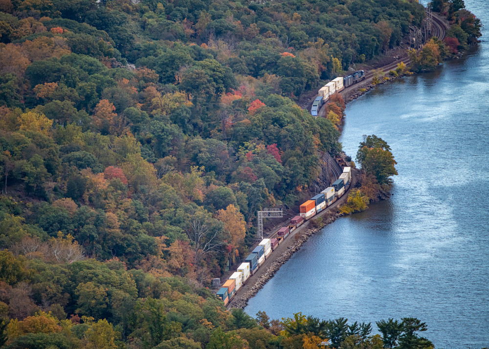 Mile Long Cargo Train Snakes North Between River And Fall Foliage Photography Art | Marc Sherman Photography