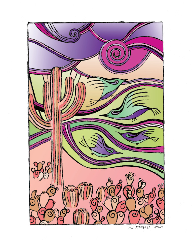 Block Print Style Cactus Wren Multi Media Print Purple Sun Art | Morgan Trading Company