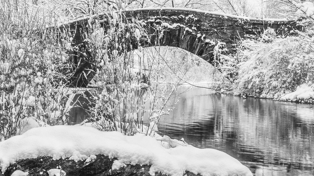 Snowy Pond Under Stone Bridge Photography Art | Marc Sherman Photography