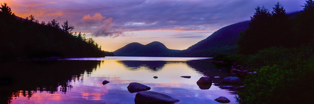 Panorama of Jordan Pond and the Bubbles during dusk in Acadia National Park, Maine.