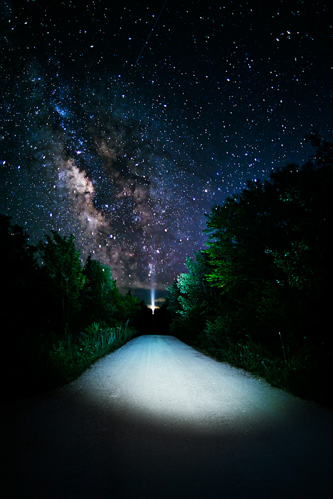 A column of light in the night sky on a road in Dolly Sods Wilderness, West Virginia - Fine Art Photo Print