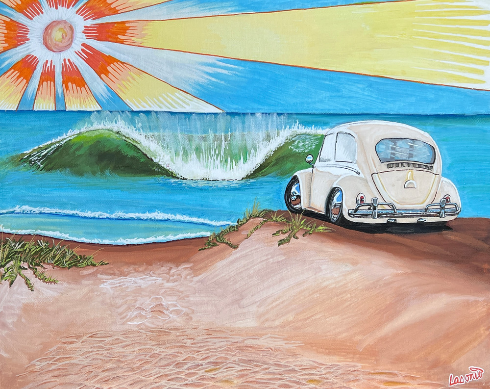 Surf Art Painting By John Lasonio Of A VW Bug A The Beach. 