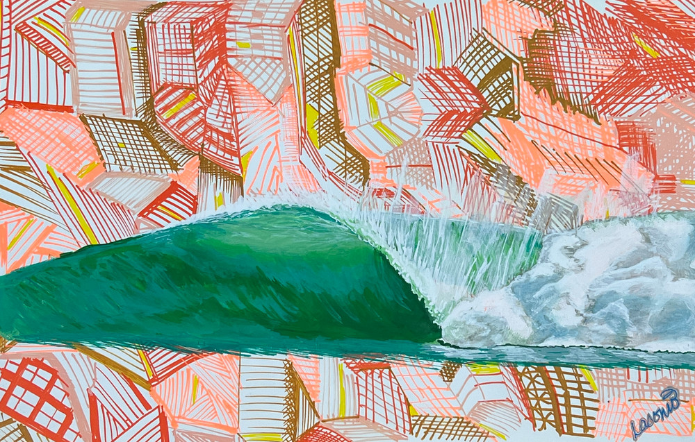 A Surf Art Image Created By Renown Surf Artist John Lasonio Depicting a Wave Breaking On A Multi Color Cross Hatch Design