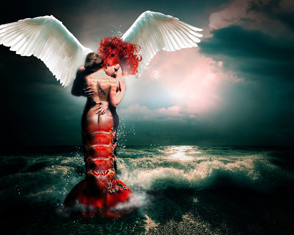 Angel and Mermaid over the Ocean Art