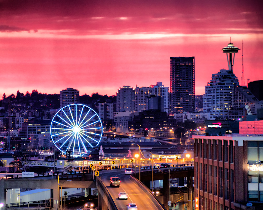Sunset with clouds and light rain over downtown Seattle - The great wheel and space needle visible - fine art photo print