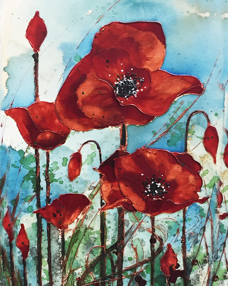 Red Poppy Flower Field with Blue Sky Painting