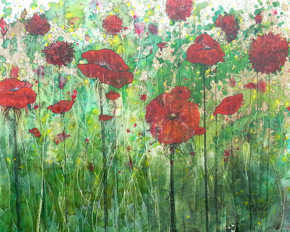 Horizontal Wild Poppy Flower Field in Grassy Greens Original Painting