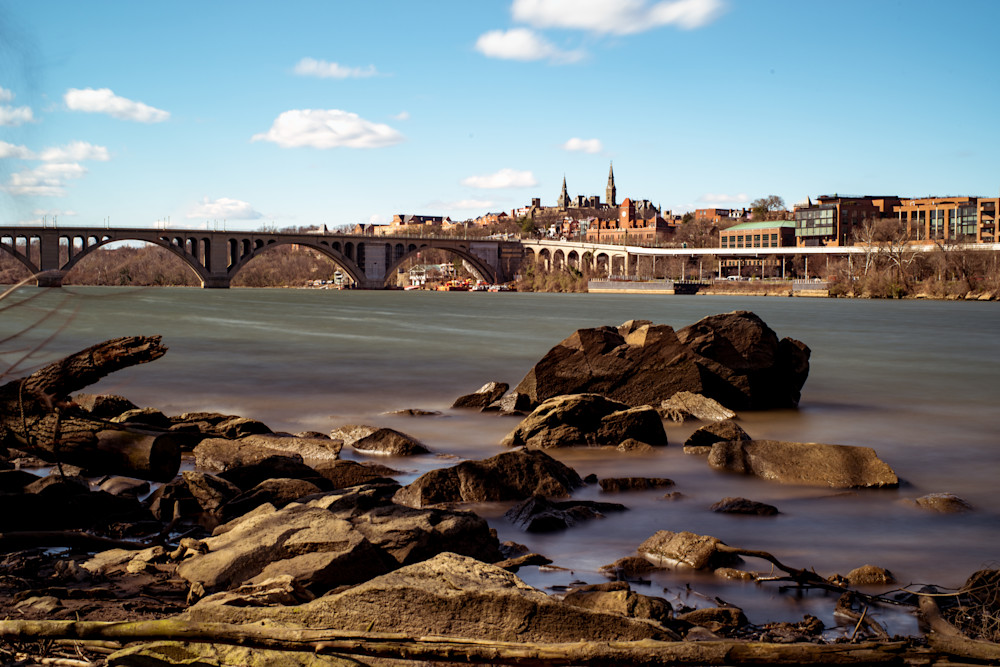 Georgetown and the Key Bridge are seen from Theodore Roosevelt Island in the Potomac River - Fine Art Photo Print